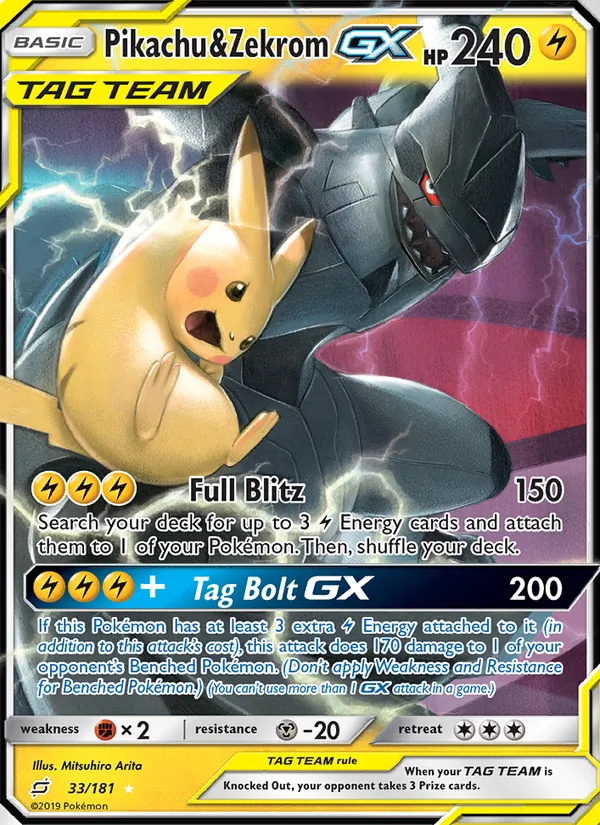 Carta Pikachu & Zekrom-GX de Team Up, reimpresa en la Colección Clásica