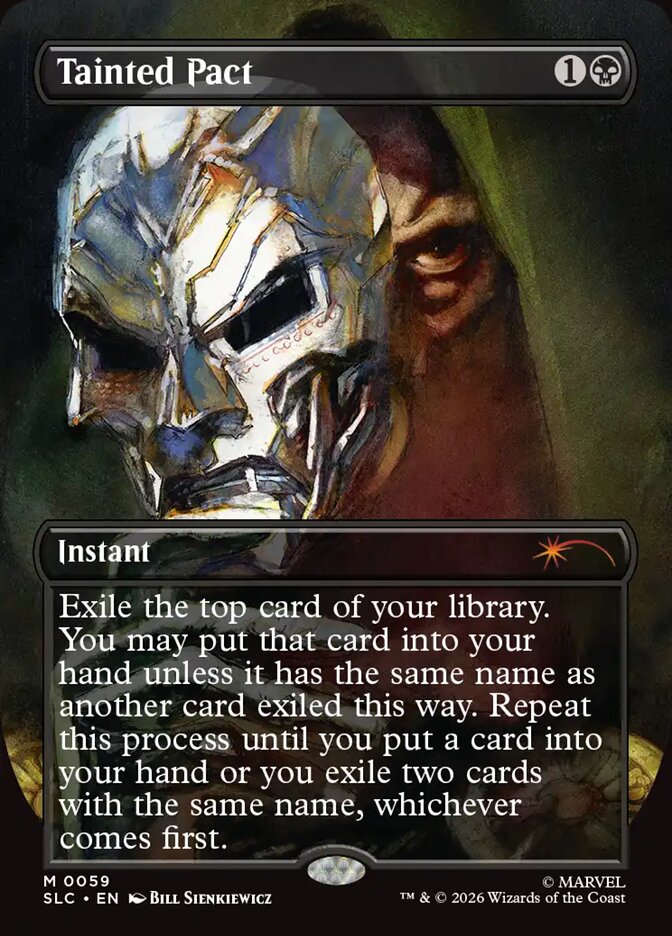 Carta Tainted Pact com arte do Doutor Destino, do Secret Lair Countdown Kit da Marvel
